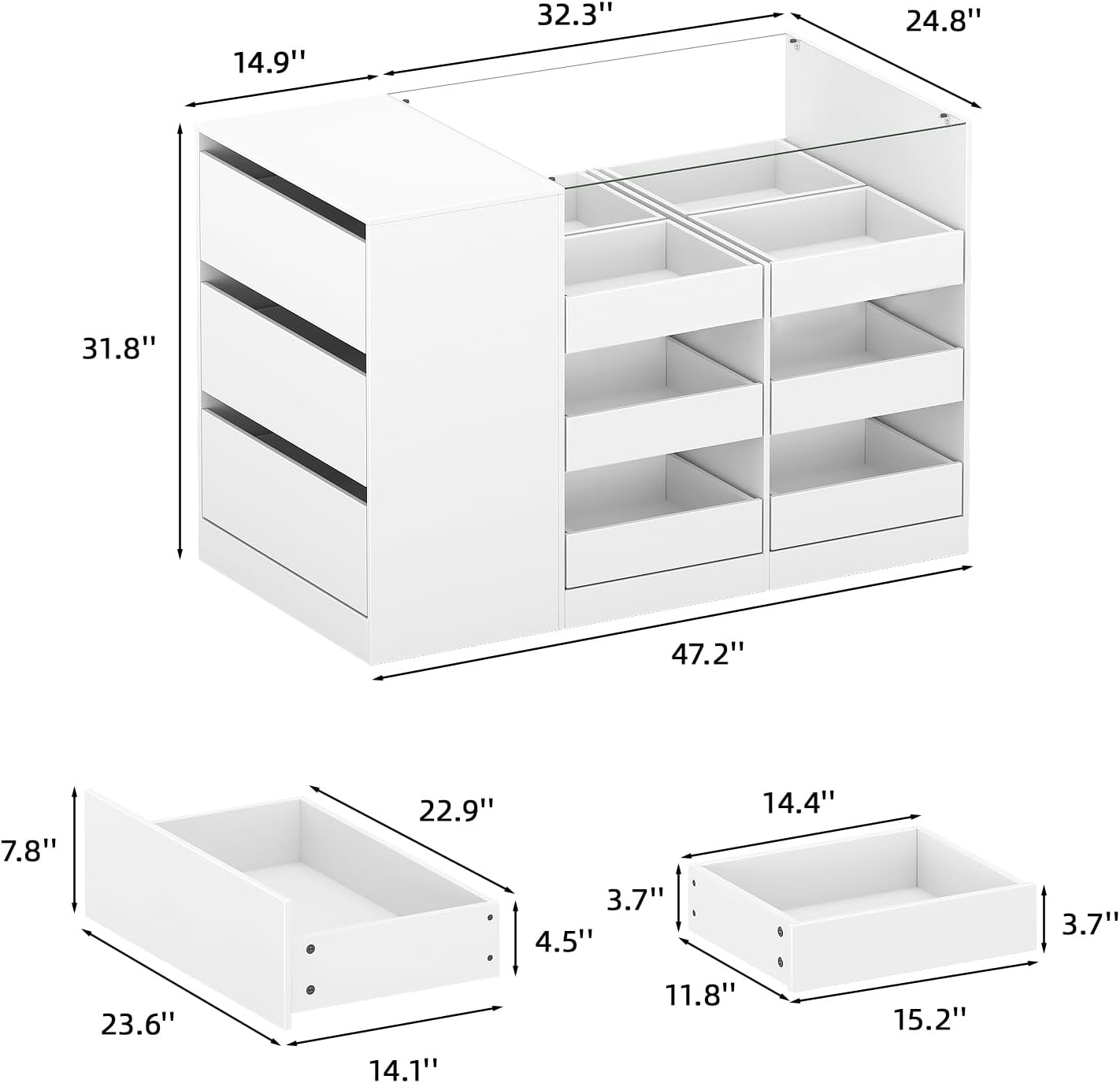Closet Island with Drawers, Wardrobe Armoire Bedroom Island, Glass Display Shelf & 15 Drawers, White Dresser with Glass Top, Walk-in Closet Island for Bedroom, Cloakroom - Image 3
