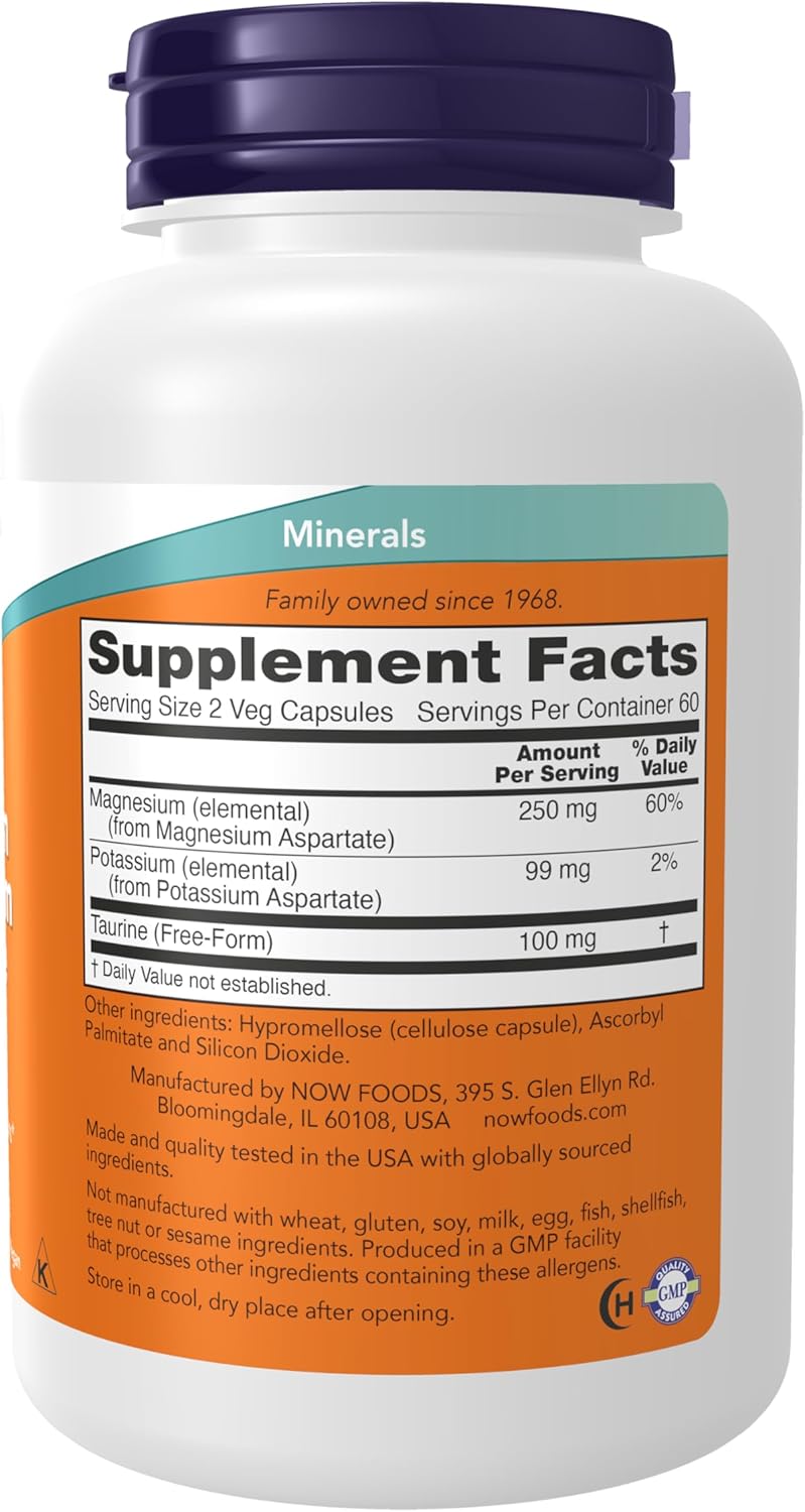 NOW Foods Supplements, Magnesium & Potassium Aspartate with Taurine, Heart Health*, 120 Veg Capsules - Image 3