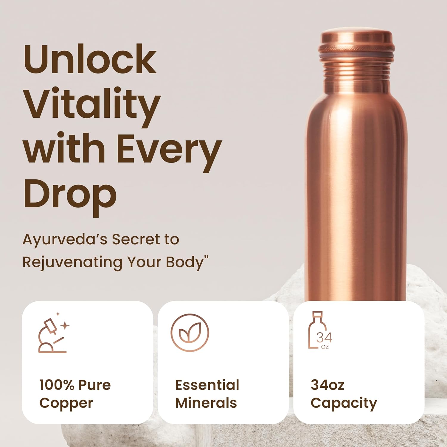 34oz Pure Copper Water Bottle for Drinking – Large Handcrafted Ayurvedic Copper Water Bottle, Leak Proof Lid – Smooth Finish Copper Bottle Water Vessel – 100 Copper Drinking Water Bottle 34 Oz