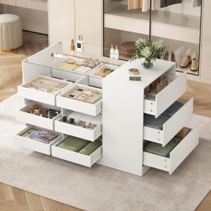 Closet Island with Drawers, Wardrobe Armoire Bedroom Island, Glass Display Shelf & 15 Drawers, White Dresser with Glass Top, Walk-in Closet Island for Bedroom, Cloakroom