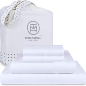 Threadmill 100% American Supima Cotton Sheets, Queen Sheet Set 1000 Thread Count Luxury 4 PC Luxury Bedding Set, Hotel Quality Sateen Weave, Hotel White Sheets with Elasticized Deep Pocket